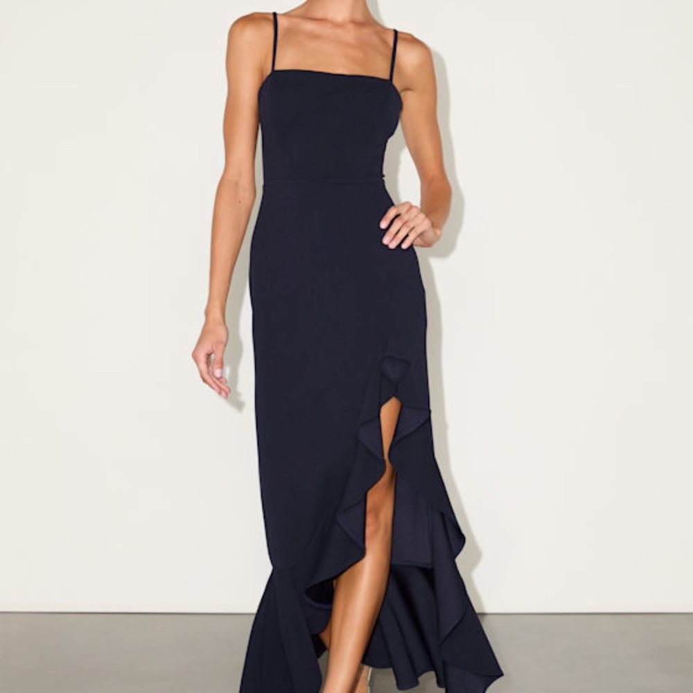 Lulus Iveta Navy Cutout Ruffled Sleeveless Midi Dress Blue - Size S